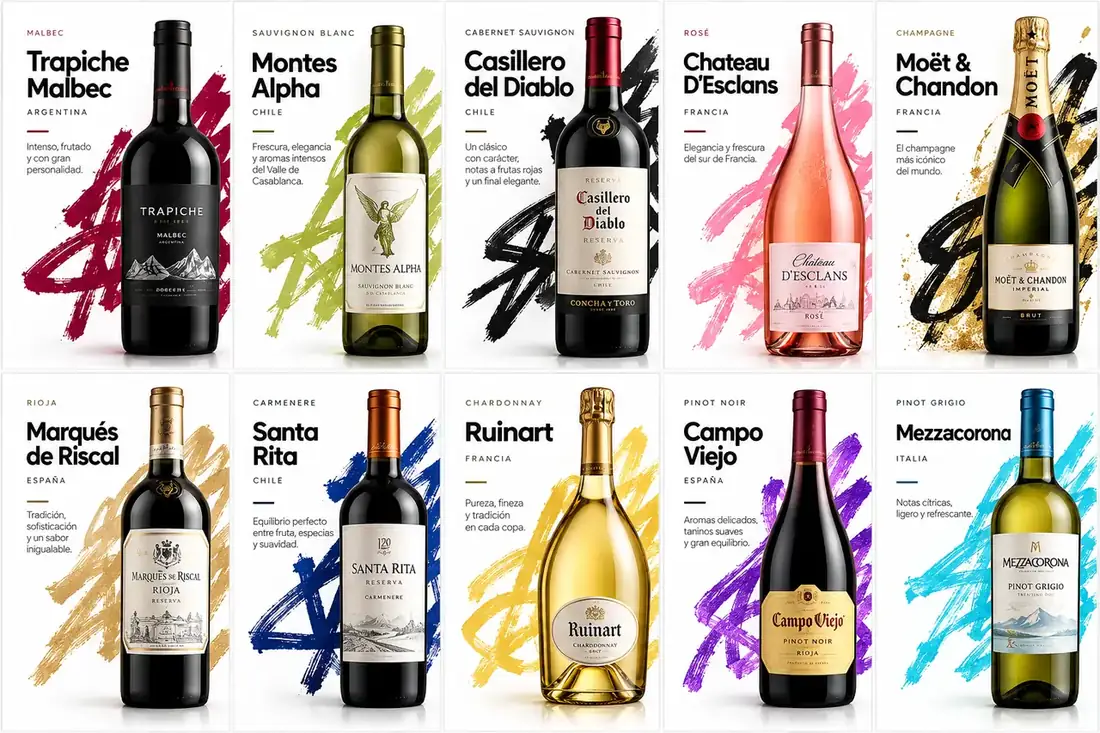 Colección de vinos con ficha de origen, uva y maridaje